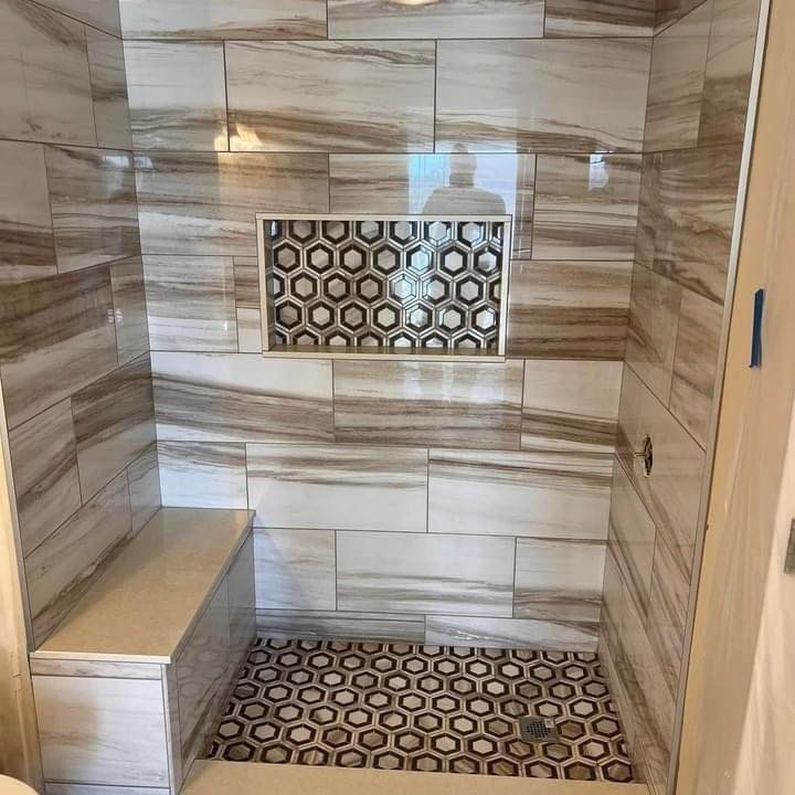 Marble shower, hex feature wall